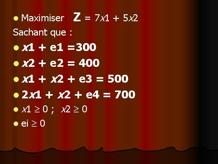 l Maximiser Z = 7 x 1 + 5 x 2 Sachant que :