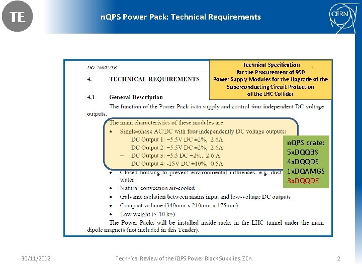 n. QPS Power Pack: Technical Requirements Technical Specification for the Procurement of 950 Power