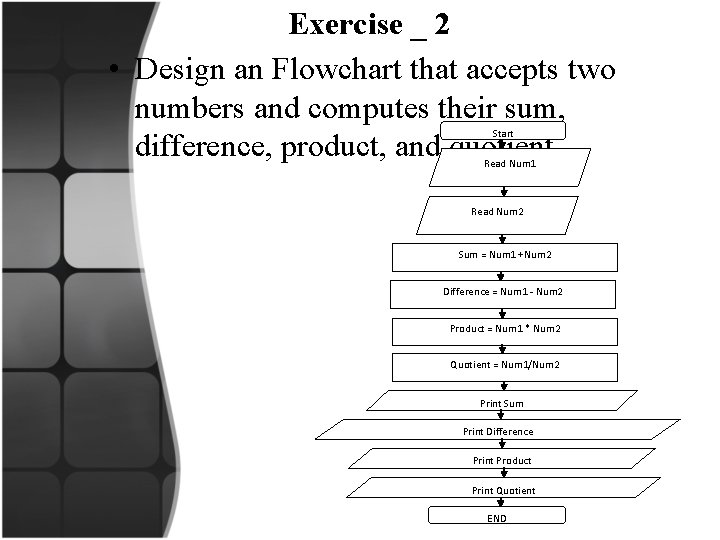 Exercise _ 2 • Design an Flowchart that accepts two numbers and computes their