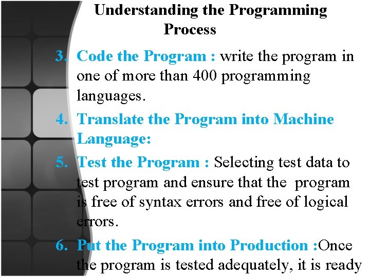 Understanding the Programming Process 3. Code the Program : write the program in
