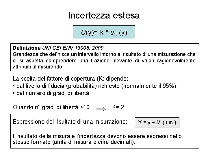 Incertezza estesa U(y)= k * u. C (y) Definizione UNI CEI ENV 13005: 2000: