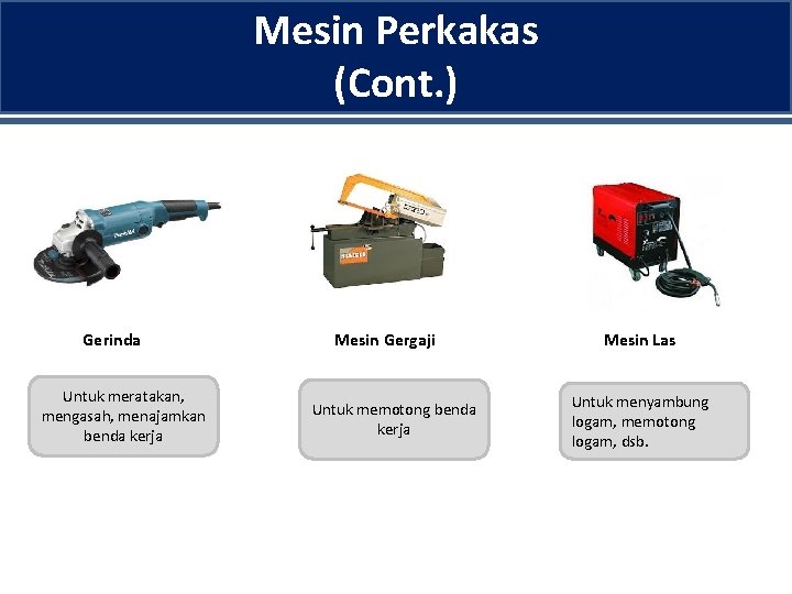 Mesin Perkakas (Cont. ) Gerinda Untuk meratakan, mengasah, menajamkan benda kerja Mesin Gergaji Untuk