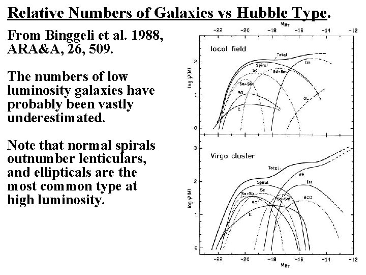 Relative Numbers of Galaxies vs Hubble Type. From Binggeli et al. 1988, ARA&A, 26,