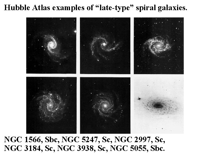 Hubble Atlas examples of “late-type” spiral galaxies. NGC 1566, Sbc, NGC 5247, Sc, NGC