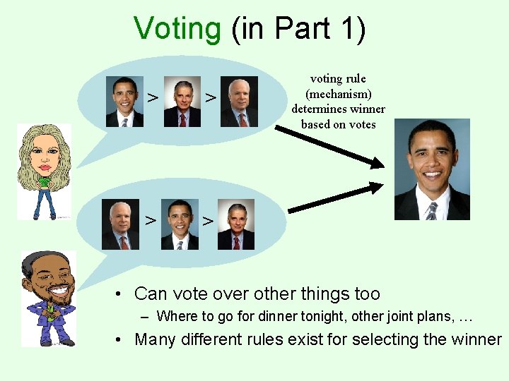 Voting (in Part 1) > > voting rule (mechanism) determines winner based on votes