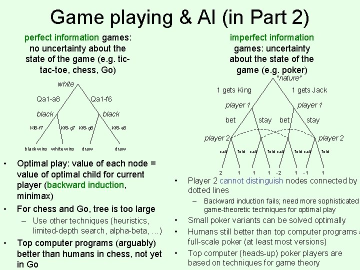 Game playing & AI (in Part 2) perfect information games: no uncertainty about the