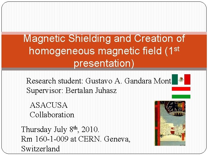 Magnetic Shielding and Creation of homogeneous magnetic field (1 st presentation) Research student: Gustavo