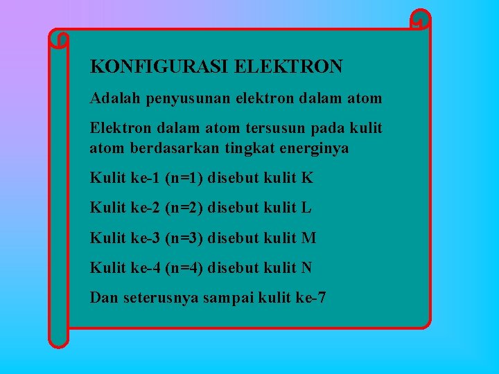 KONFIGURASI ELEKTRON Adalah penyusunan elektron dalam atom Elektron dalam atom tersusun pada kulit atom