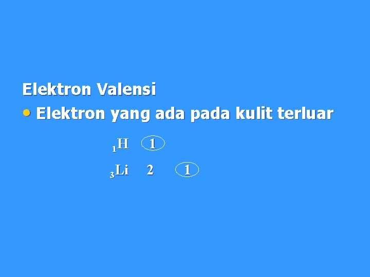 Elektron Valensi • Elektron yang ada pada kulit terluar 1 H 1 3 Li