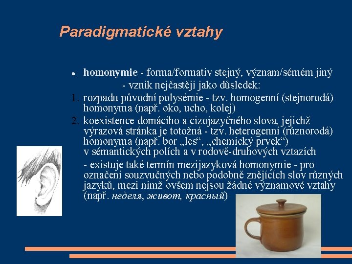 Paradigmatické vztahy homonymie - forma/formativ stejný, význam/sémém jiný - vznik nejčastěji jako důsledek: 1.