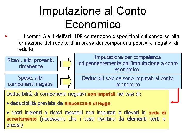 Imputazione al Conto Economico • I commi 3 e 4 dell’art. 109 contengono disposizioni