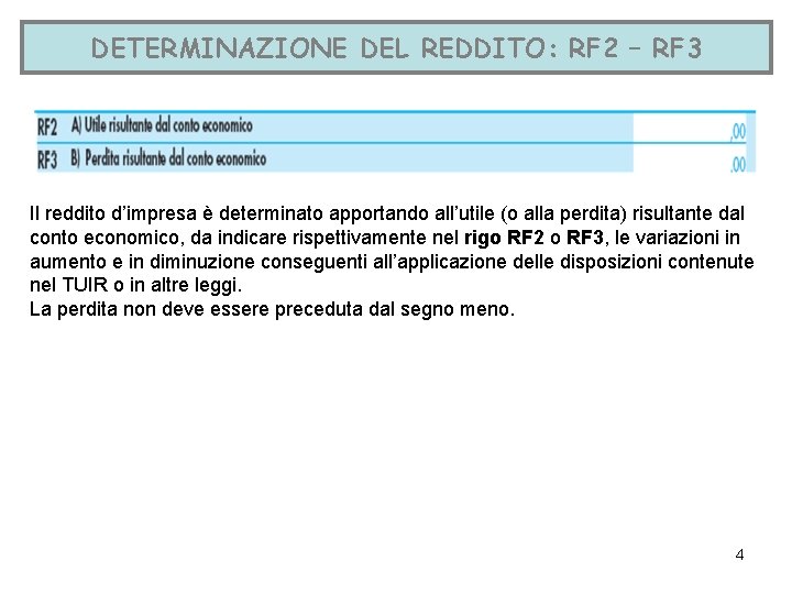 DETERMINAZIONE DEL REDDITO: RF 2 – RF 3 Il reddito d’impresa è determinato apportando