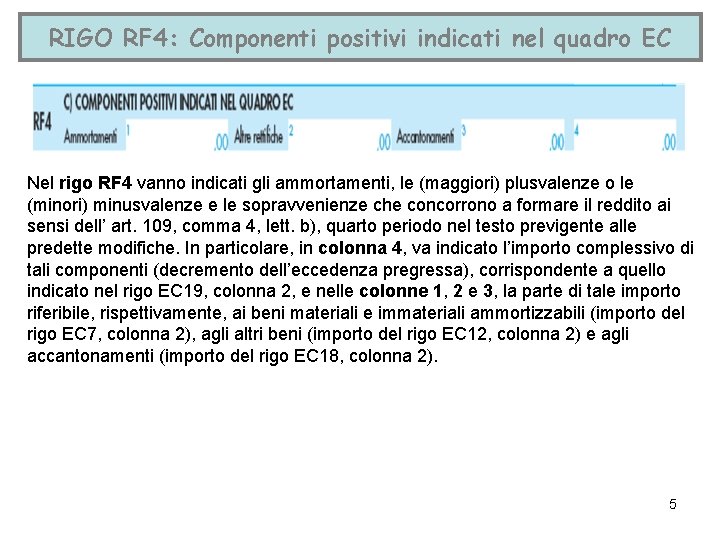 RIGO RF 4: Componenti positivi indicati nel quadro EC Nel rigo RF 4 vanno