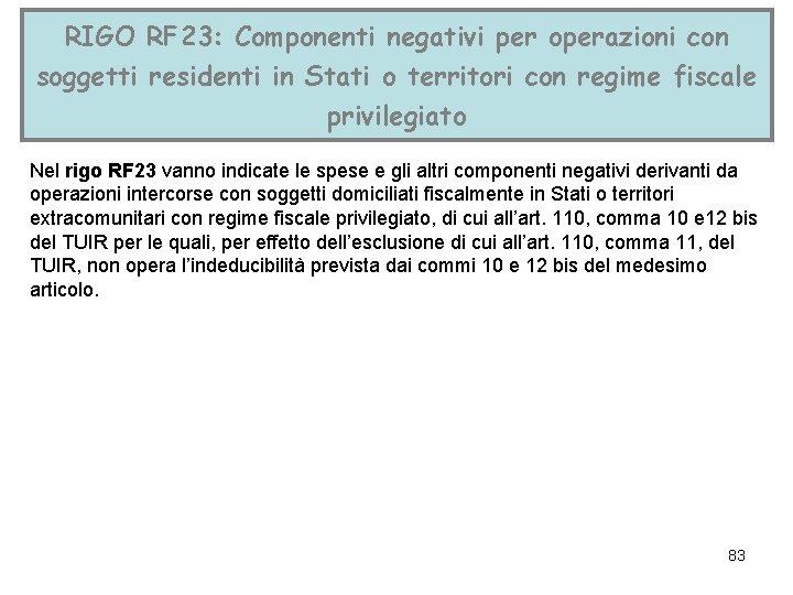 RIGO RF 23: Componenti negativi per operazioni con soggetti residenti in Stati o territori