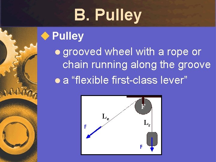 B. Pulley u Pulley l grooved wheel with a rope or chain running along B. Pulley u Pulley l grooved wheel with a rope or chain running along