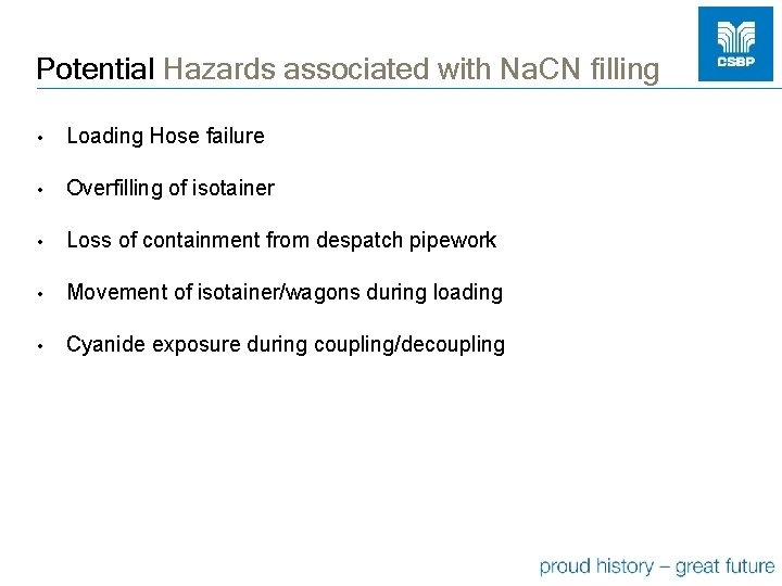 Potential Hazards associated with Na. CN filling • Loading Hose failure • Overfilling of