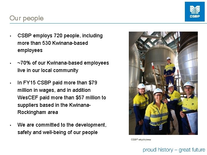 Our people • CSBP employs 720 people, including more than 530 Kwinana-based employees •
