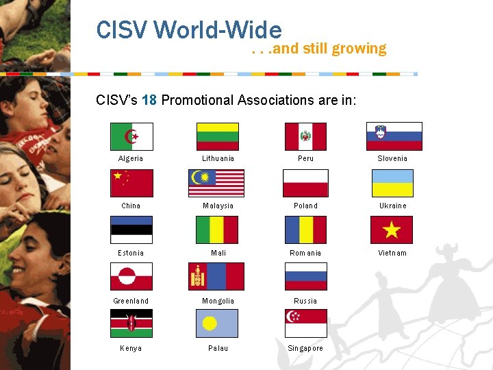 CISV World-Wide . . . and still growing CISV’s 18 Promotional Associations are in: