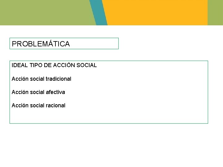 PROBLEMÁTICA IDEAL TIPO DE ACCIÓN SOCIAL Acción social tradicional Acción social afectiva Acción social