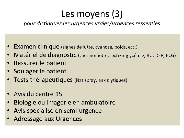 Les moyens (3) pour distinguer les urgences vraies/urgences ressenties • • • Examen clinique