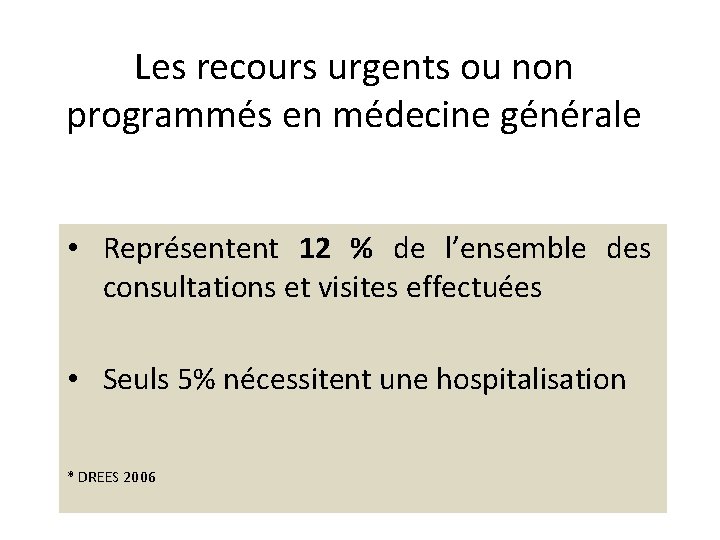 Les recours urgents ou non programmés en médecine générale • Représentent 12 % de