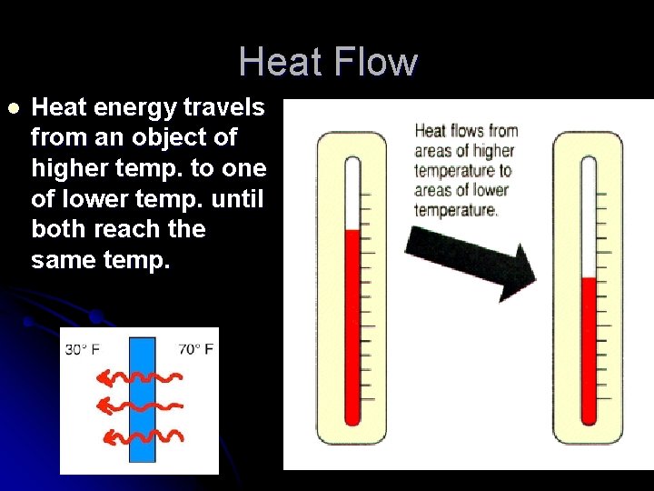 Heat Flow l Heat energy travels from an object of higher temp. to one