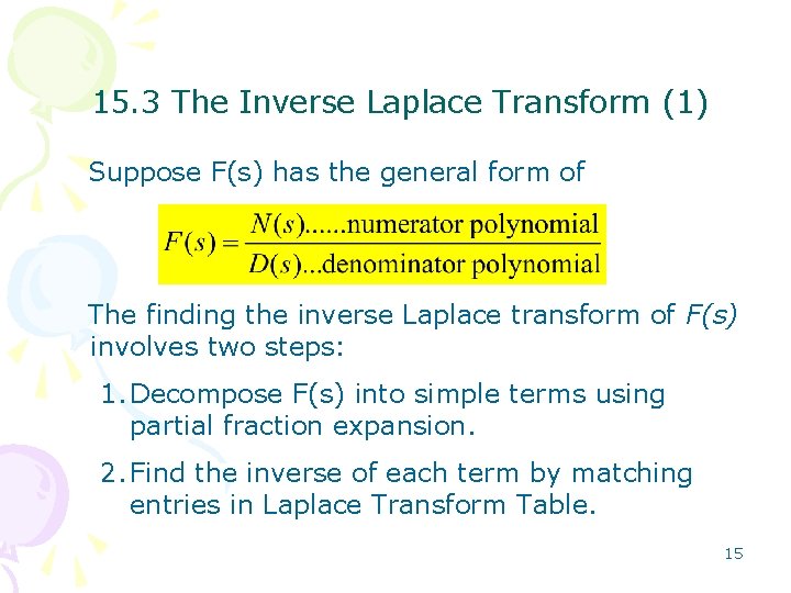 15. 3 The Inverse Laplace Transform (1) Suppose F(s) has the general form of