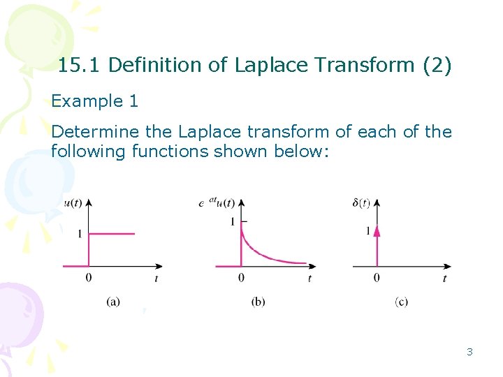 15. 1 Definition of Laplace Transform (2) Example 1 Determine the Laplace transform of