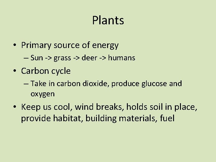 Plants • Primary source of energy – Sun -> grass -> deer -> humans