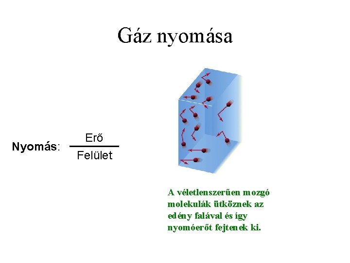 Gáz nyomása Nyomás: Erő Felület A véletlenszerűen mozgó molekulák ütköznek az edény falával és