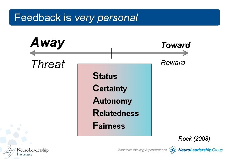 Feedback is very personal Away Toward Threat Reward Status Certainty Autonomy Relatedness Fairness Rock Feedback is very personal Away Toward Threat Reward Status Certainty Autonomy Relatedness Fairness Rock