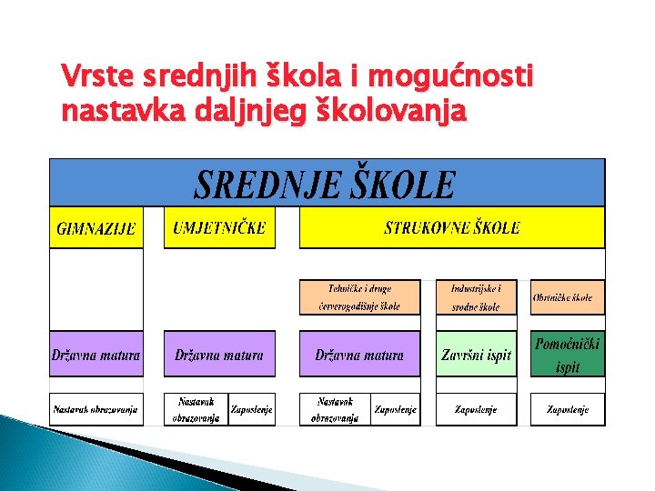 Vrste srednjih škola i mogućnosti nastavka daljnjeg školovanja 