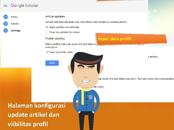 Input data profil Halaman konfigurasi update artikel dan viibilitas profil 