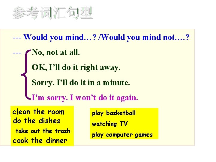 --- Would you mind…? /Would you mind not…. ? --- No, not at all. --- Would you mind…? /Would you mind not…. ? --- No, not at all.