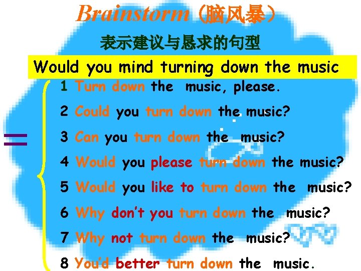 Brainstorm (脑风暴) 表示建议与恳求的句型 Would you mind turning down the music 1 Turn down the Brainstorm (脑风暴) 表示建议与恳求的句型 Would you mind turning down the music 1 Turn down the