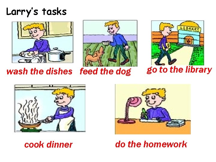 Larry’s tasks wash the dishes feed the dog cook dinner go to the library Larry’s tasks wash the dishes feed the dog cook dinner go to the library