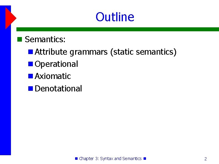 Outline Semantics: Attribute grammars (static semantics) Operational Axiomatic Denotational Chapter 3: Syntax and Semantics