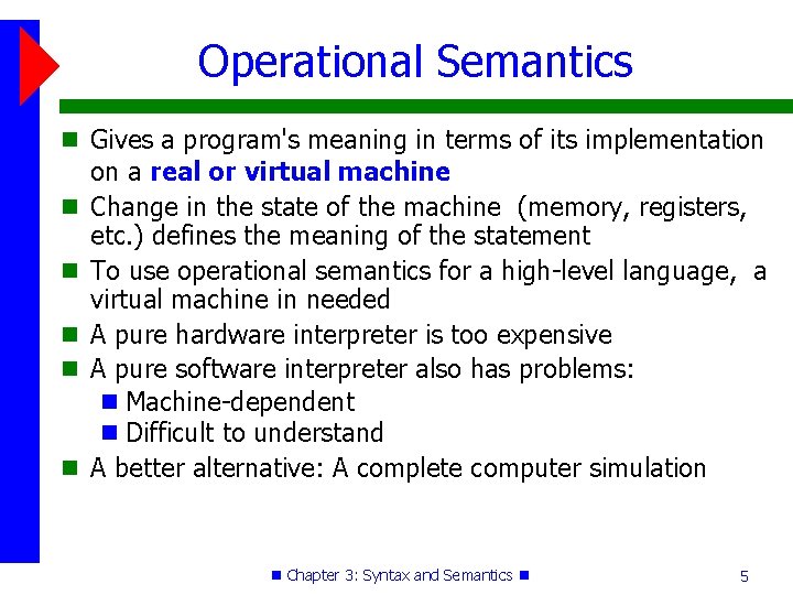 Operational Semantics Gives a program's meaning in terms of its implementation on a real