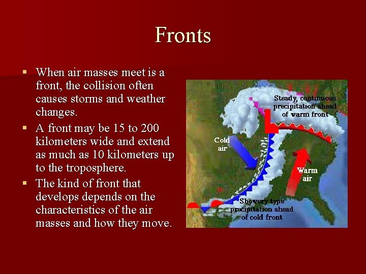 Fronts § When air masses meet is a front, the collision often causes storms