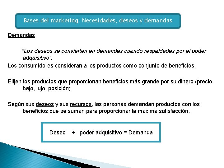 Bases del marketing: Necesidades, deseos y demandas Demandas “Los deseos se convierten en demandas
