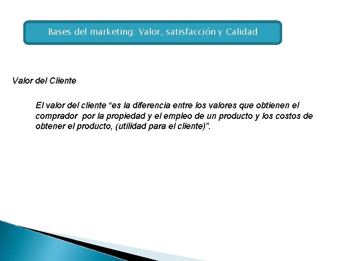 Bases del marketing: Valor, satisfacción y Calidad Valor del Cliente El valor del cliente