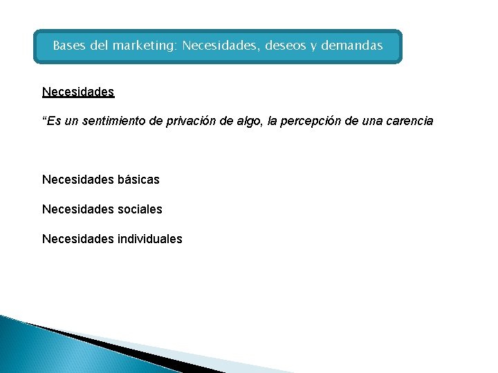 Bases del marketing: Necesidades, deseos y demandas Necesidades “Es un sentimiento de privación de