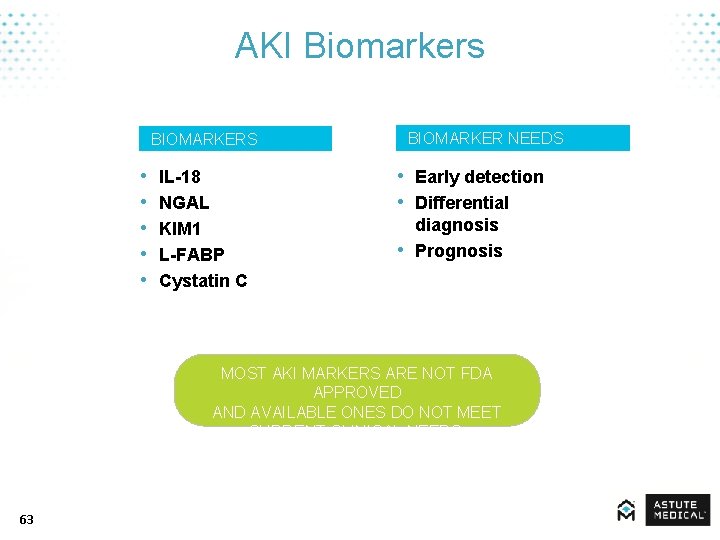 AKI Biomarkers BIOMARKER NEEDS BIOMARKERS • • • IL-18 NGAL KIM 1 L-FABP Cystatin