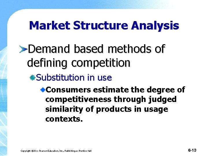 Market Structure Analysis Demand based methods of defining competition Substitution in use Consumers estimate