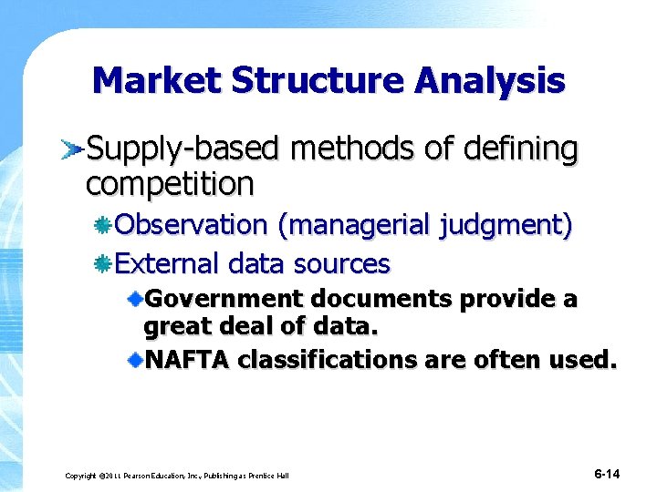 Market Structure Analysis Supply-based methods of defining competition Observation (managerial judgment) External data sources