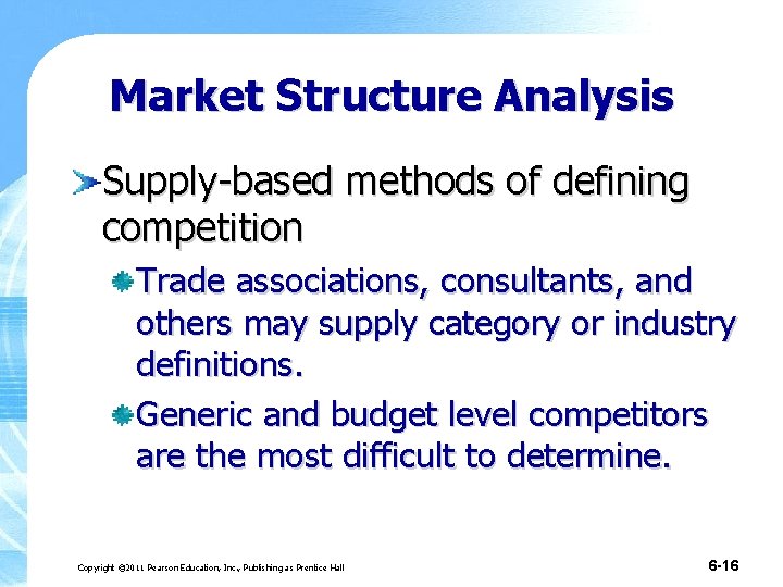 Market Structure Analysis Supply-based methods of defining competition Trade associations, consultants, and others may