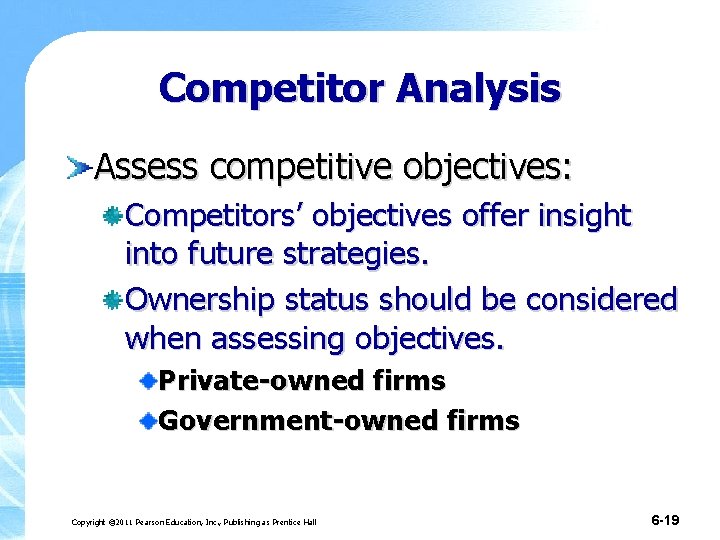 Competitor Analysis Assess competitive objectives: Competitors’ objectives offer insight into future strategies. Ownership status