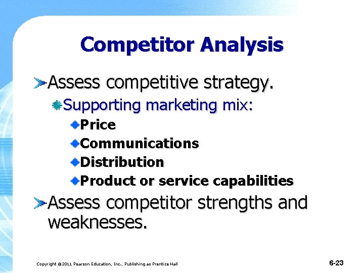 Competitor Analysis Assess competitive strategy. Supporting marketing mix: Price Communications Distribution Product or service