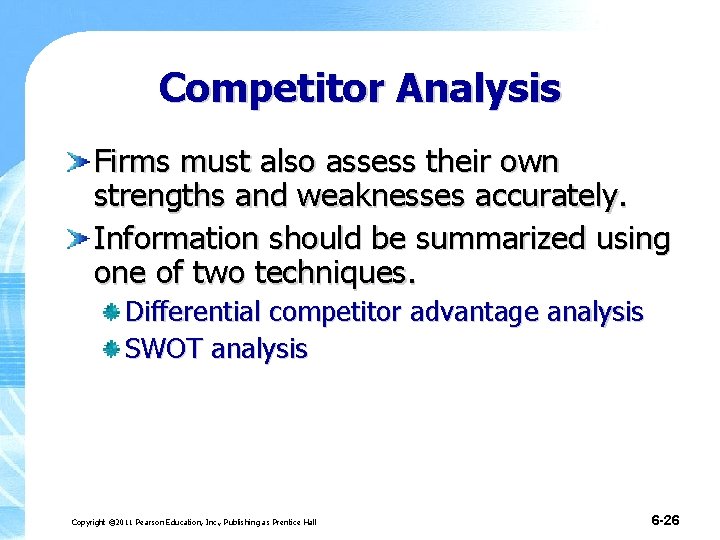 Competitor Analysis Firms must also assess their own strengths and weaknesses accurately. Information should