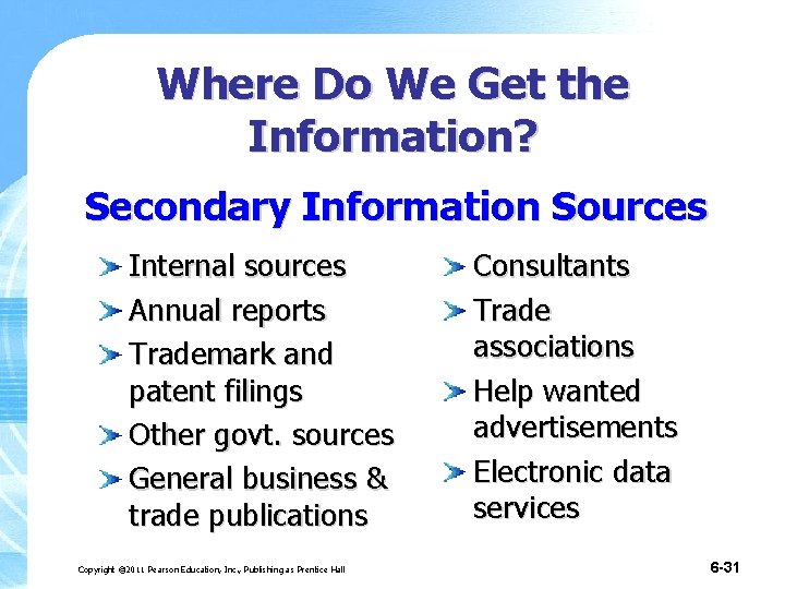 Where Do We Get the Information? Secondary Information Sources Internal sources Annual reports Trademark